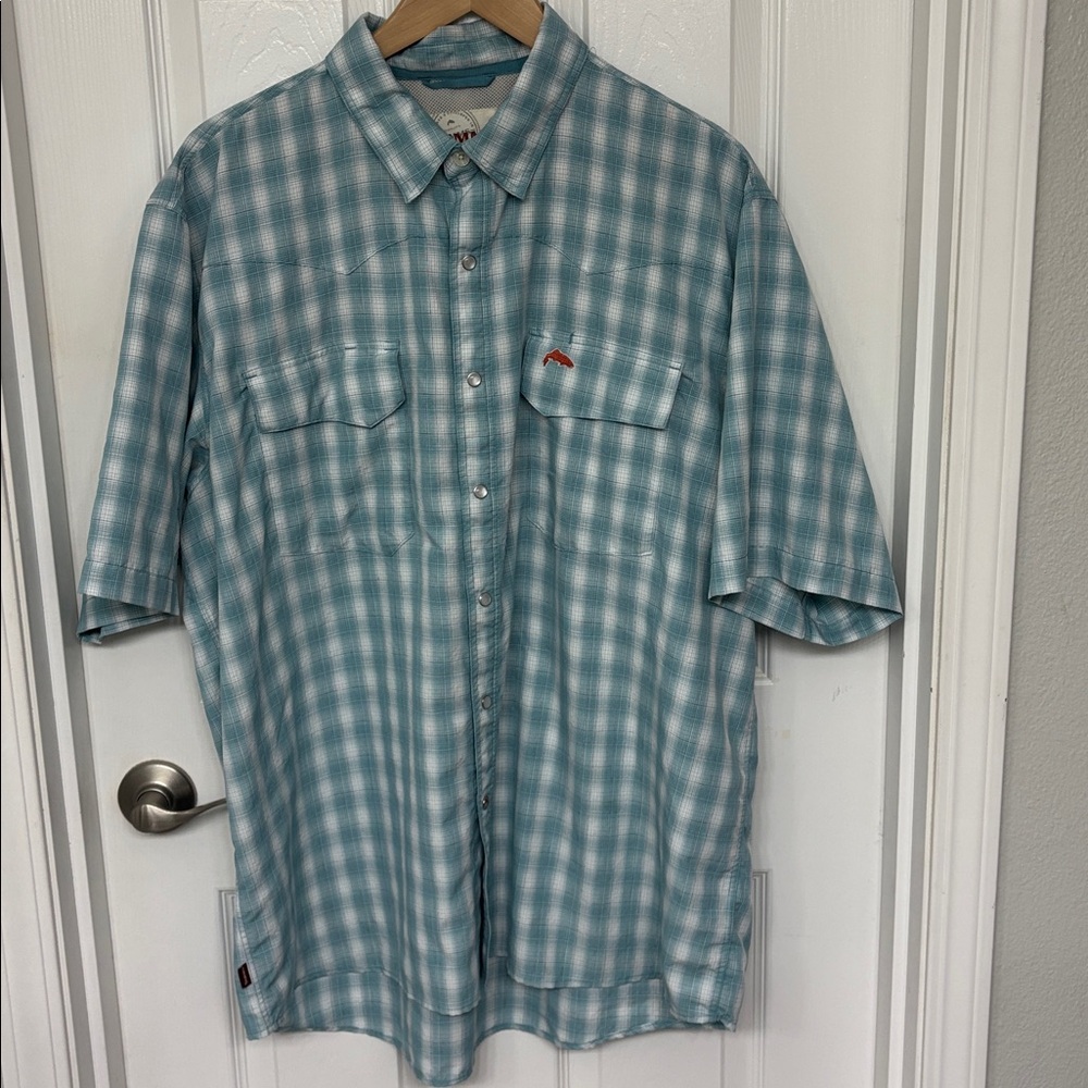 Simms Light Blue Plaid Button Down Shirt Lightweight Shirt Size XL
